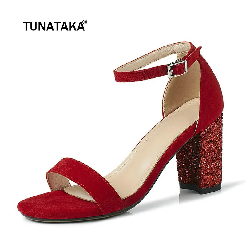 

Women Summer High Heels Sandals Fashion Buckle Square Heel Sequined Shoes Comfort Open Toe Party 2019 New Shoes