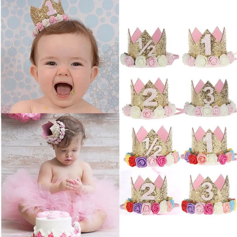 Baby Girl First Birthday Party Flower Hats Pink Princess Crown 1st 2nd Year Old Kids Hair