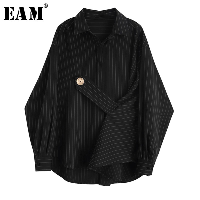

[EAM] Women Black Striped Big Size Blouse New Lapel Long Sleeve Bandage Loose Fit Shirt Fashion Tide Spring Autumn 2019 JY853