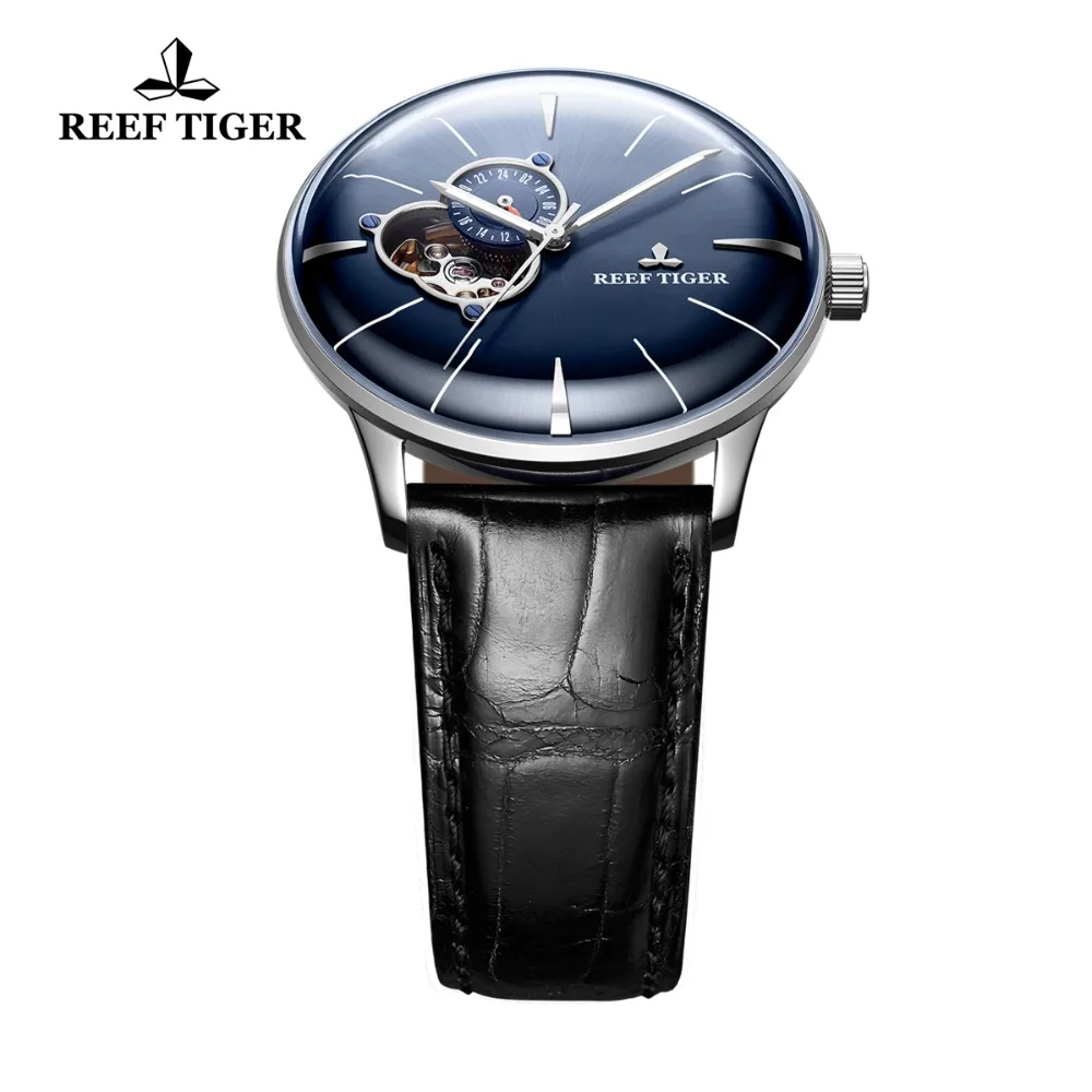 Reef Tiger/RT синие автоматические часы, мужские роскошные Брендовые повседневные часы с кожаным ремешком, часы с турбийоном,, мужские часы, RGA8239