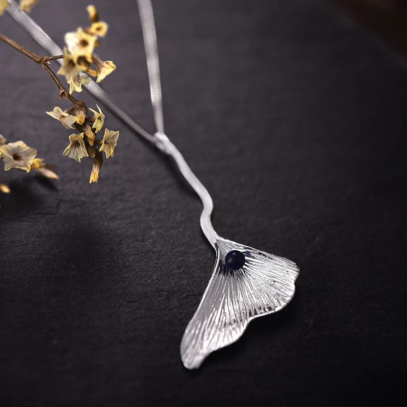 Lotus Fun Real 925 Sterling Silver Natural Lapis Handmade Fine Jewelry Ginkgo Leaf Pendant without Chain Acessorios for Women