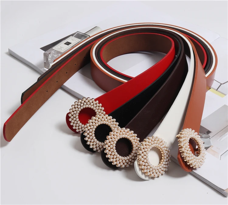 

Pearl Buckle Women Waist Belts Solid Leather Jeans Pants Elegant Ladies Adjustable Female Pearl Waistband Dress Corset Belt