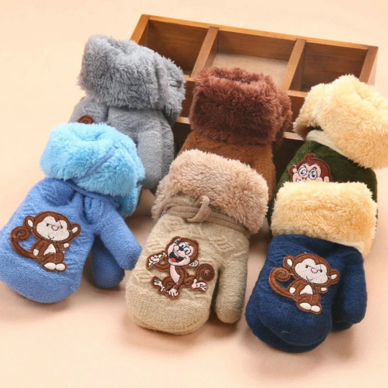 

2018 New 1-3Year Months Baby Knitted Gloves Winter Children Warm Rope Mittens Cotton Wool Solid Button Monkey Mittens For Babies