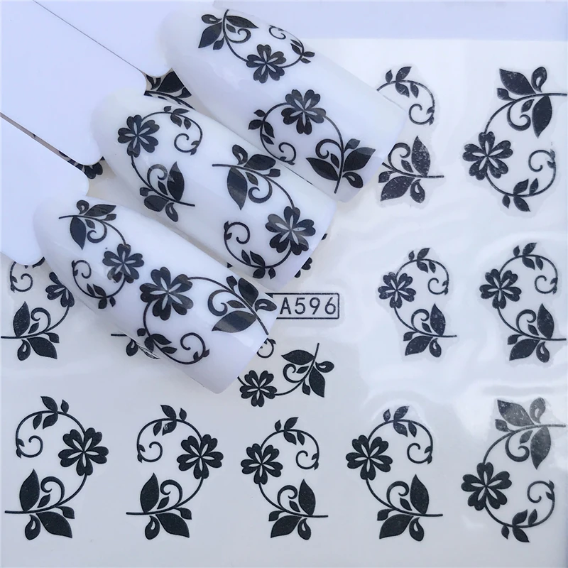 YWK наклейки для ногтей с переводом воды, черные цветы для ногтей, кружевные наклейки для ногтей, украшения из фольги, набор