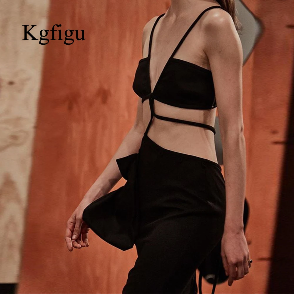 

KGFIGU 2019 New Sexy Women Bandage Bodycon Sleeveless Halter Lace Up Slim Dress Solid Black Hollow Short Dress