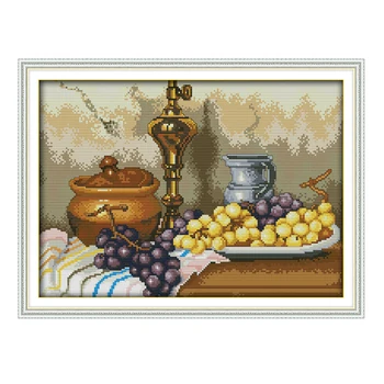 

JoySunday chinese cross stitch Grapes and clay pot vase life DMC14CT11CTcotton needlework livingroom restaurant hotel painting