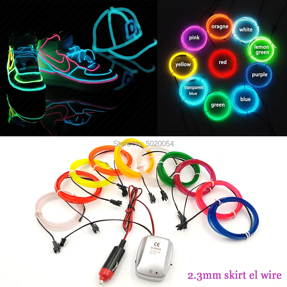

Flexible EL Wire Rope Tube 2.3mm-Skirt Car Decor Light Strip With Sound activated Car Cigarette lighter Plug