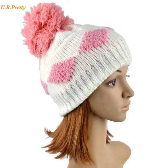 

Wholesale Retail Women Diamond Grid Pattern Beanie Crochet Knit Girl Warm Winter Hat Ski Cap Wool Knitted B03
