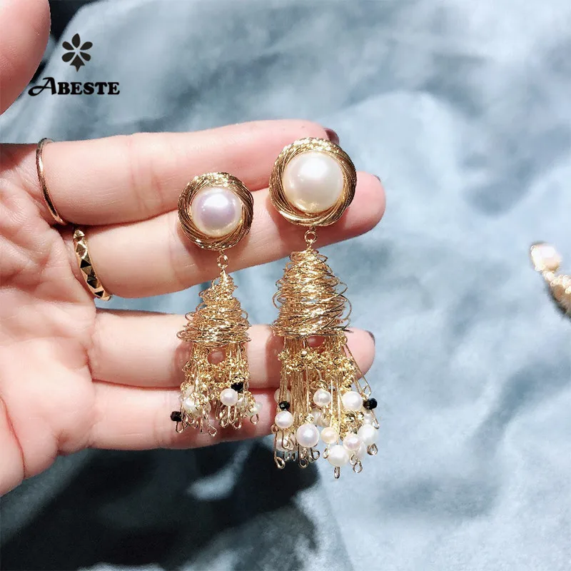 

ANI 14K Roll Gold Handmade Women Drop Earring Natural Freshwater White Pearl Fine Gold Earring Dangle brincos para as mulheres