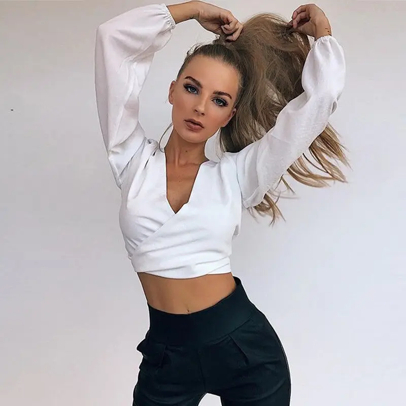 

Fashion Sexy Women's Top Long Sleeve Waist Tie Cross Off Shoulder Shirt V-neck Blouse Black Red White Short Shirts