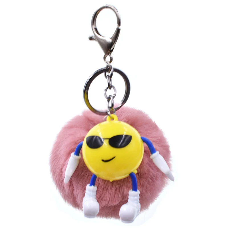 

Cute Expression Key Chain Cartoon Smiling Face Fur Bal Keychain Pompom Artificial Rabbit Fur Animal For Woman Car Bag Keyring