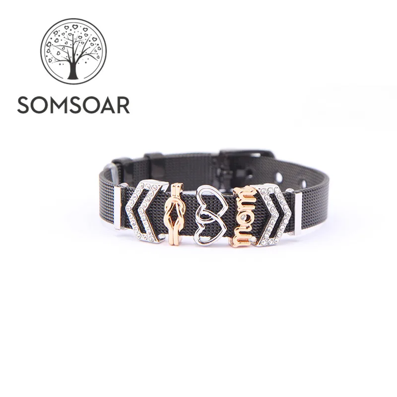 

Somsoar Jewelry Black Mesh Bracelet Set Stainless steel Bangle with KEYS Charms as Mother's Day Gift