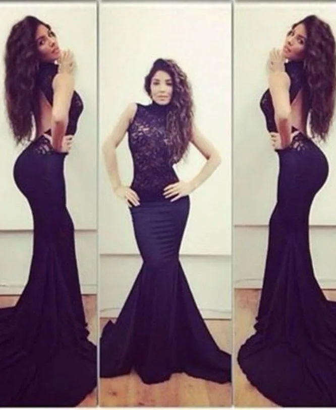 

2019 New Arrival Sexy black Chiffon Appliques Lace Prom Dresses High Neck Backless Mermaid Evening Party Gown Custom Made