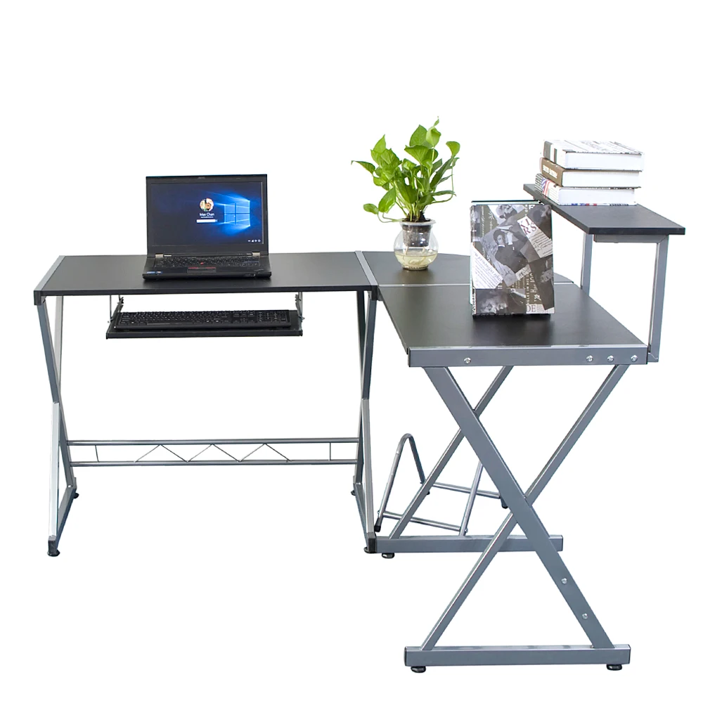 Us Shipping L Shaped Wooden Computer Desk With Top Shelf Gray In