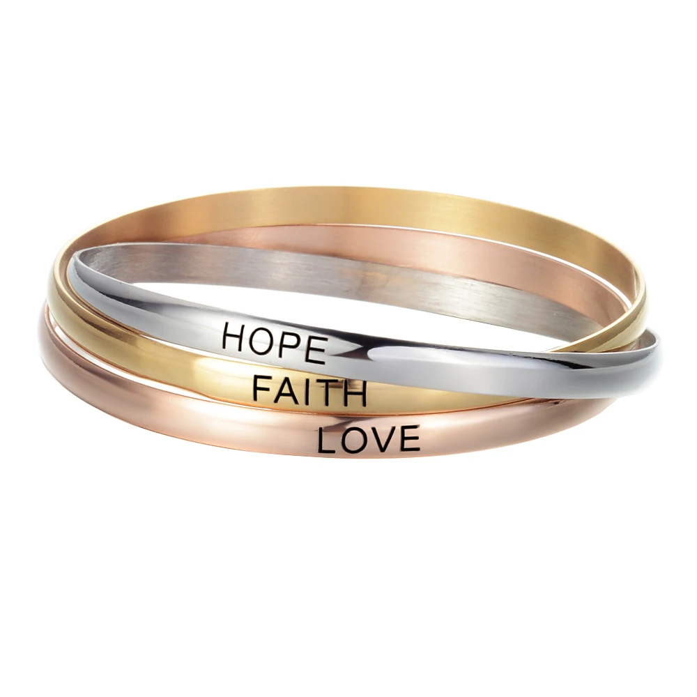 

Triple Circles Stainless Steel Positive Inspirational Bracelet Engraved Quote Mantra "HOPE FAITH LOVE" Bracelet Bangle For Women
