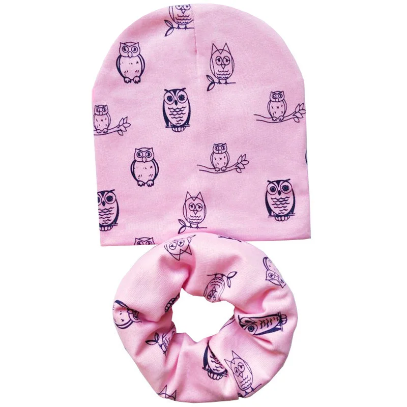 Pink Owl Set Новая осенне-зимняя детская шапка, комплект для мальчиков и девочек, шарф на шею, весенний теплый шейный платок, детские вязаные шапки, комплекты, хлопковая детская шапка, шарф - Цвет: Pink Owl Set