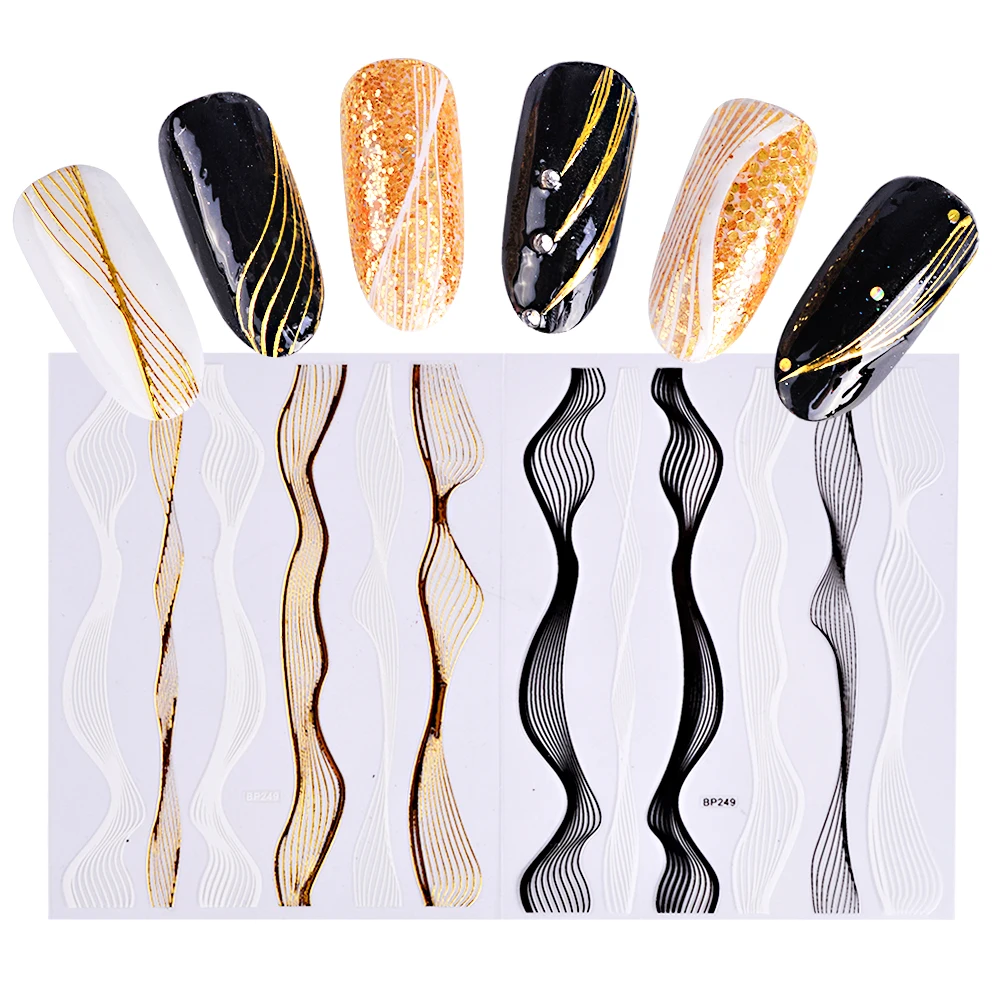 3D Nail Art Sticker Decals Adhesive Gold White Black Wave Stripe Line Design DIY Decoration Accessory Manicure Tool TRBP249|nail art stickers