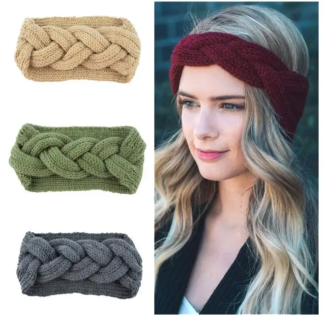 

1pcs Solid Wheat pattern Knit Wool Headband Girl Warm Woolen Vintage Handmade Bow Knot Wide Head Wrap
