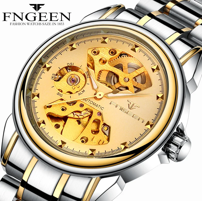 

FNGEEN Full Automatic Wristwatchs Men Gold Skeleton Mechanical Watches Waterproof Men Clock zegarki meskie mekanik saat