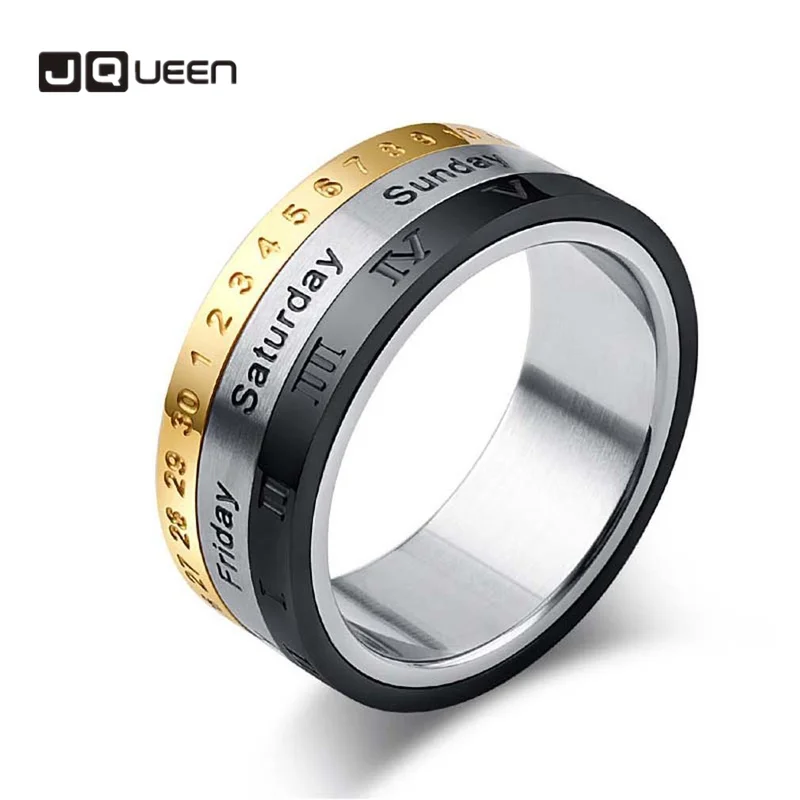 

2019 Rome letters date number fashion luxury jewelry three-color rotatable titanium steel men's time single tail ring