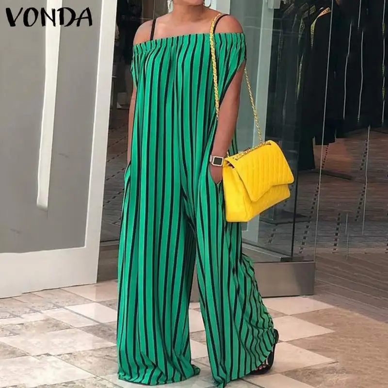 

VONDA Rompers Womens Jumpsuit 2019 Summer Sexy Off Shoulder Striped Playsuits Casual Loose Wide Leg Pants Plus Size Overalls
