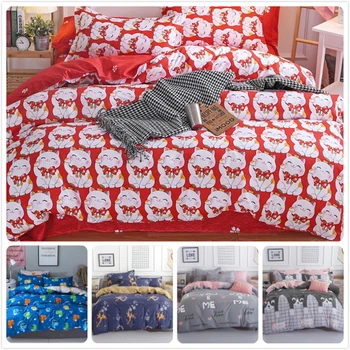 

Cute Kitty Fortune Cat Pattern Double Big Size Duvet Cover 4pcs Bedding Set Soft Cotton Bed Linens King Queen Bedspreads 180x220