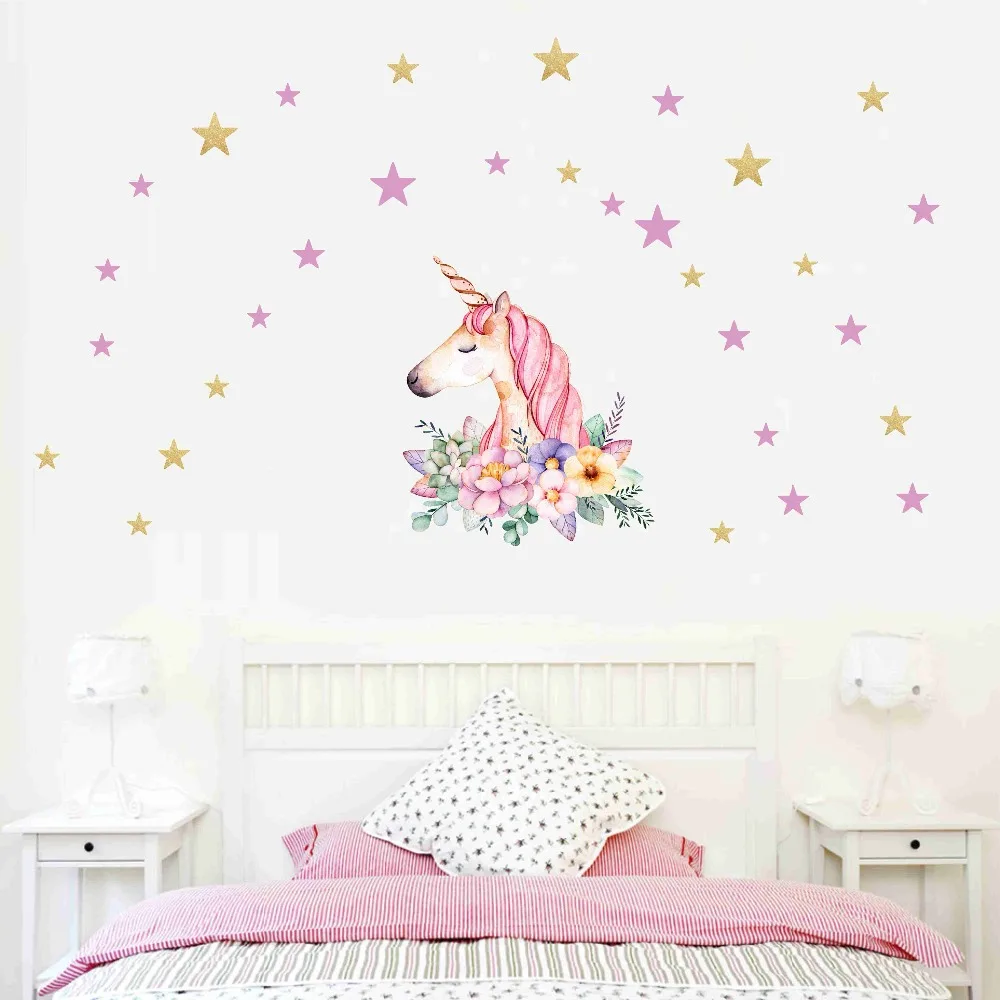 

Watercolor Unicorn flower Sticker On The Wall Magical Horse stars Wallpaper For Children Bedroom Home Decal Poster Mural