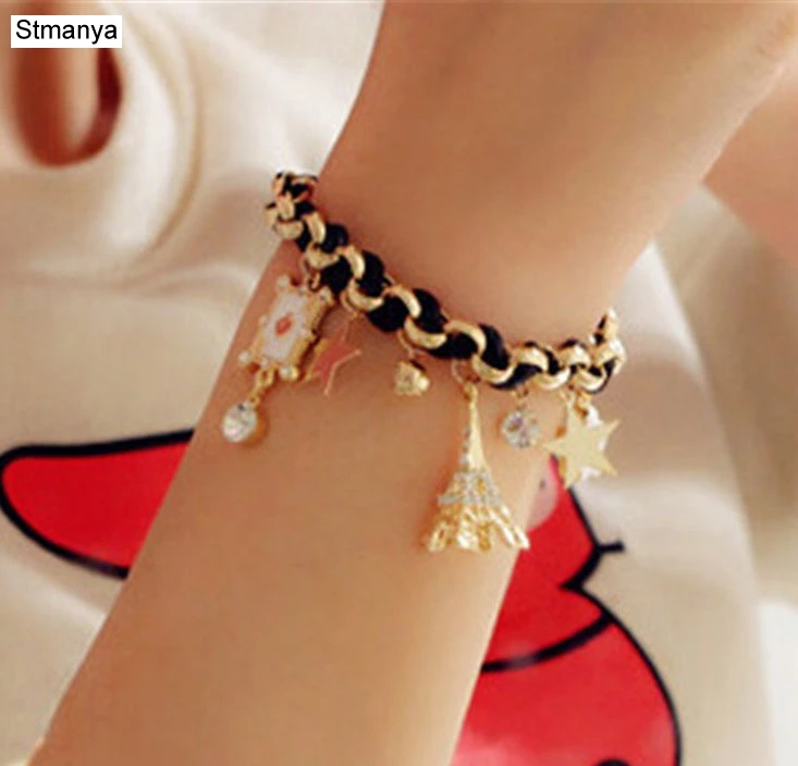 Rope Chain Decoration Bracelet For Girl multicolor Eiffel Tower star poker Pendant Bangle fashion bracelet fashion jewelry