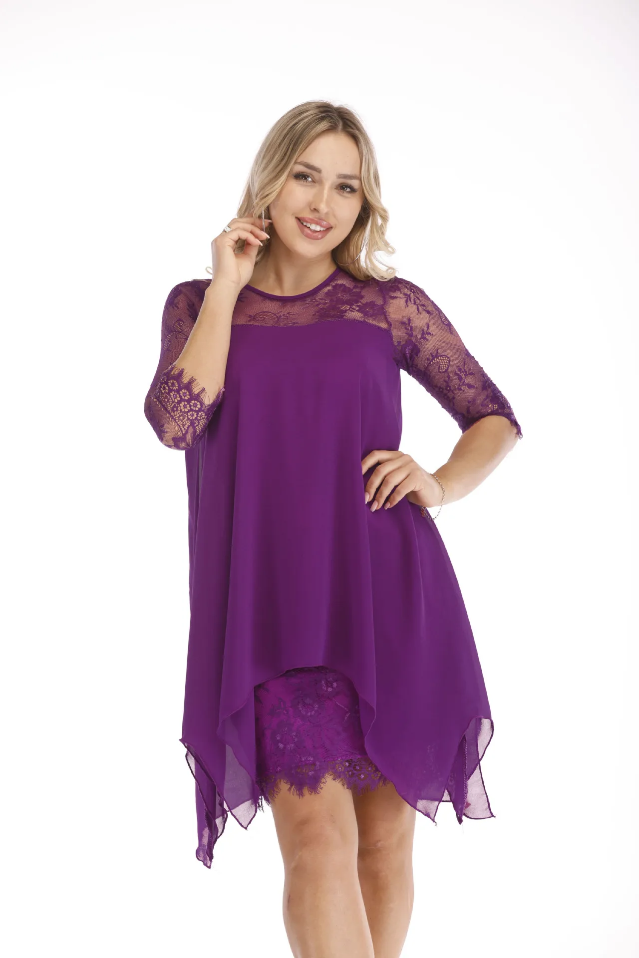 15 цветов, женское модное кружевное платье, повседневное, свободное, рукав до локтя, элегантное платье с круглым вырезом, одноцветное, большой размер, 3XS-5XL, новинка - Цвет: Фиолетовый