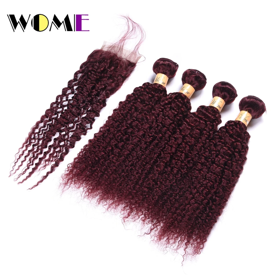 Wome Indian Bundles With Closure #99J Red Wine Color Curly Hair 4 Bundles With 4x4 Lace Closure 100% Human Hair Weave Wome Indian Bundles With Closure #99J Red Wine Color Curly Hair 4 Bundles With 4x4 Lace Closure 100% Human Hair Weave
