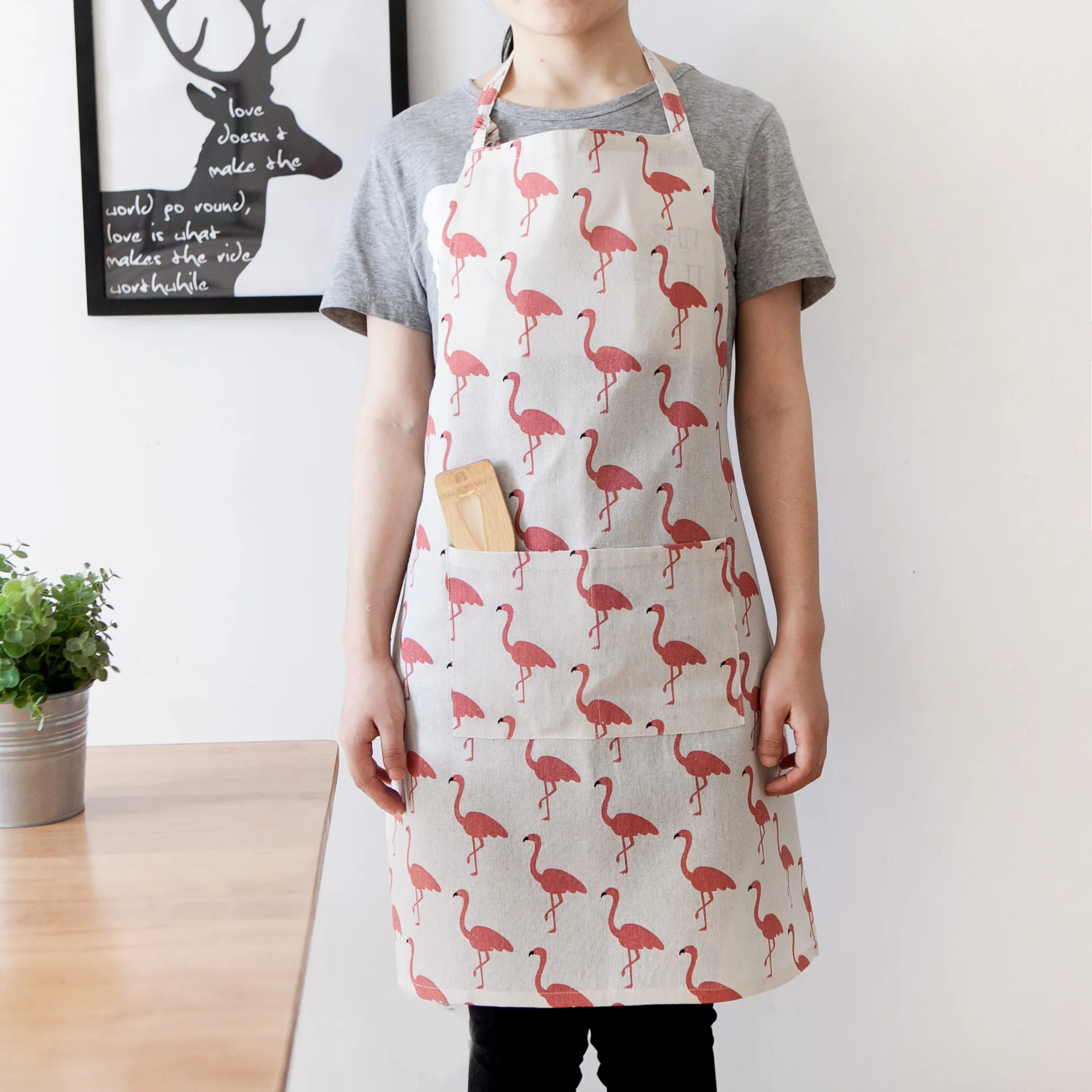 

1PC Flamingo Cotton Linen Apron Woman Adult Bibs Home Cooking Baking Coffee Shop Cleaning Aprons Kitchen