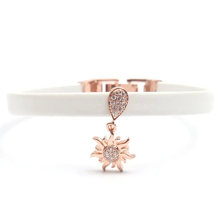 Rose Gold Micro Pave Ясно CZ подвеска в виде солнца струнные 8*1 мм кожаный шнур раза за застежка браслет ювелирные изделия приблизительно 8 дюймов - Окраска металла: Rose Gold