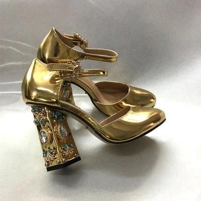 

New Arrivals Women Gold Silver Patent Leather Ankle Buckle Strap Pumps Crystal Decoration High Square Heel Party Dress Shoes