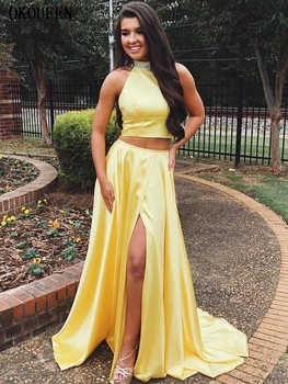 

Yellow Prom Dresses 2019 Two Pieces Split Beads High Neck Long Formal Party Gowns vestidos de fiesta largos elegantes