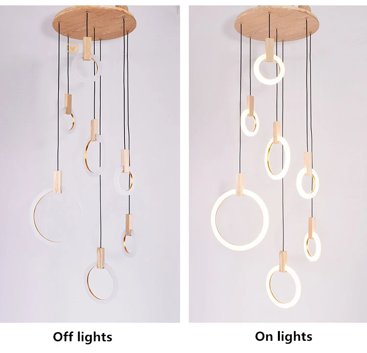 Современный светодиодный светильник для лестниц, скандинавские потолочные подвесные светильники для гостиной, спальни, акриловые кольца, деревянные подвесные светильники