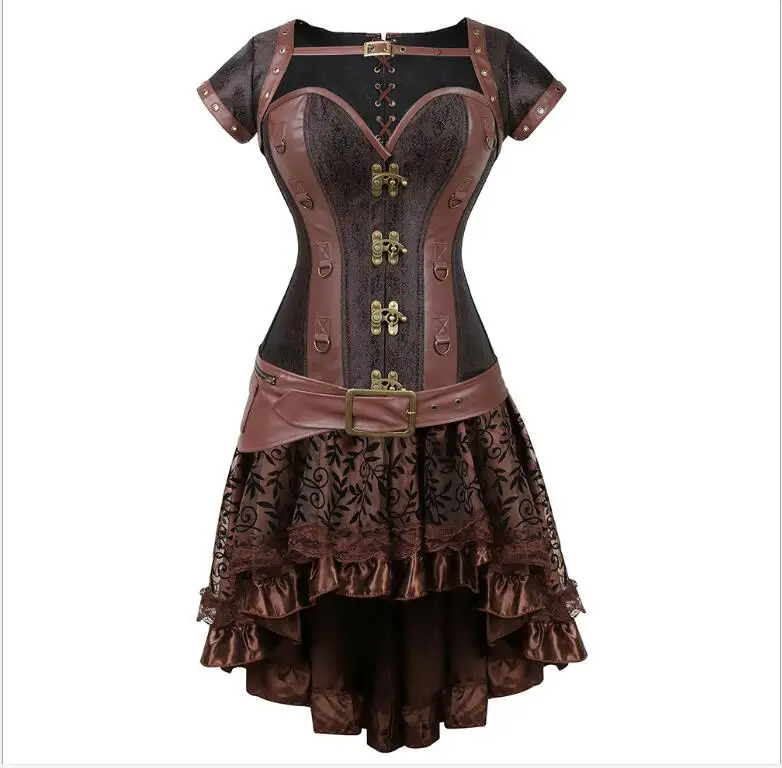 

halloween costumes for women Sexy Gothic Steampunk Corset Dress Leather Overbust Corsets and Bustiers Skirt Party Waist Trainer