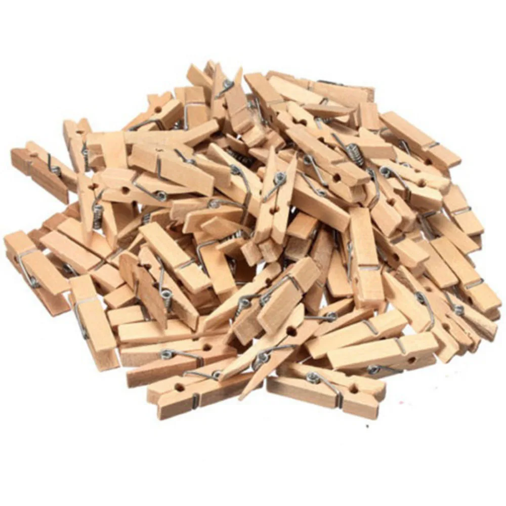 100PCS Natural Mini 35mm Wooden Clothes Pin Paper Photo Hanging Spring