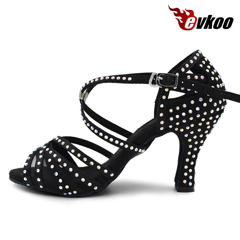 Evkoo танцы Professional Zapatos De Baile Latino Черный со стразами Высота каблука см 8 см для женщин костюмы для латинских танцев Salsa обувь Evkoo-412