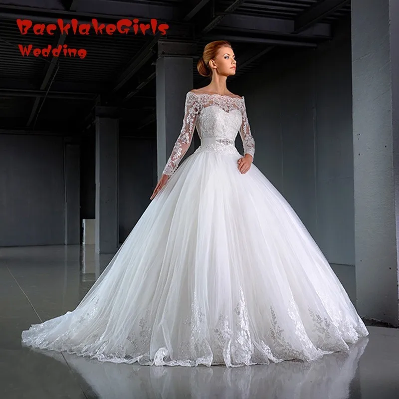 Vestido de noiva Long Sleeve Lace Boat Neck Ball Gown font b Wedding b font font