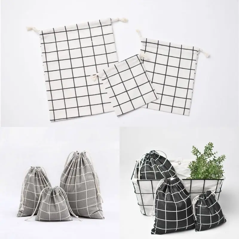 S/M/L Cotton Linen Bag Plaid Printing Women Makeup Case Drawstring Pouch Fashion Toiletry Bags