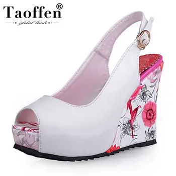 

Taoffen New Spring 4 Colors Peep Toe Party Pumps Metal Buckle Wedges Platform Wedding Shoes Women High Quality Pumps Size 33-43