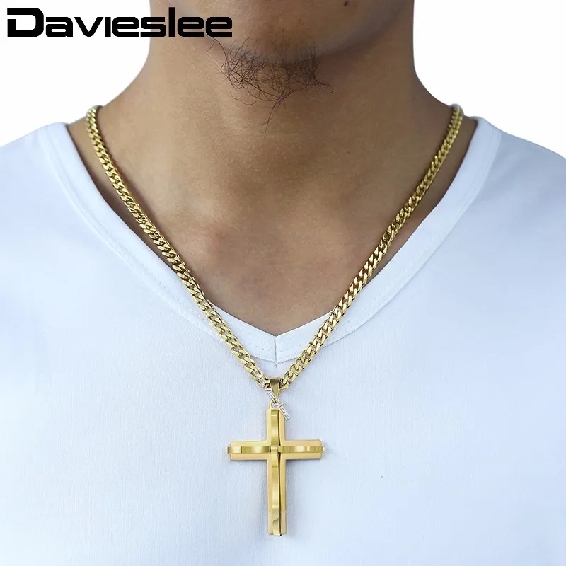 Davieslee Мужская цепочка, изогнутый крест, подвеска, ожерелье из нержавеющей стали, Снаряженная кубинская цепь, Черное золото, серебро, тон 18-36 дюймов LKPM137 - Окраска металла: Gold KP602