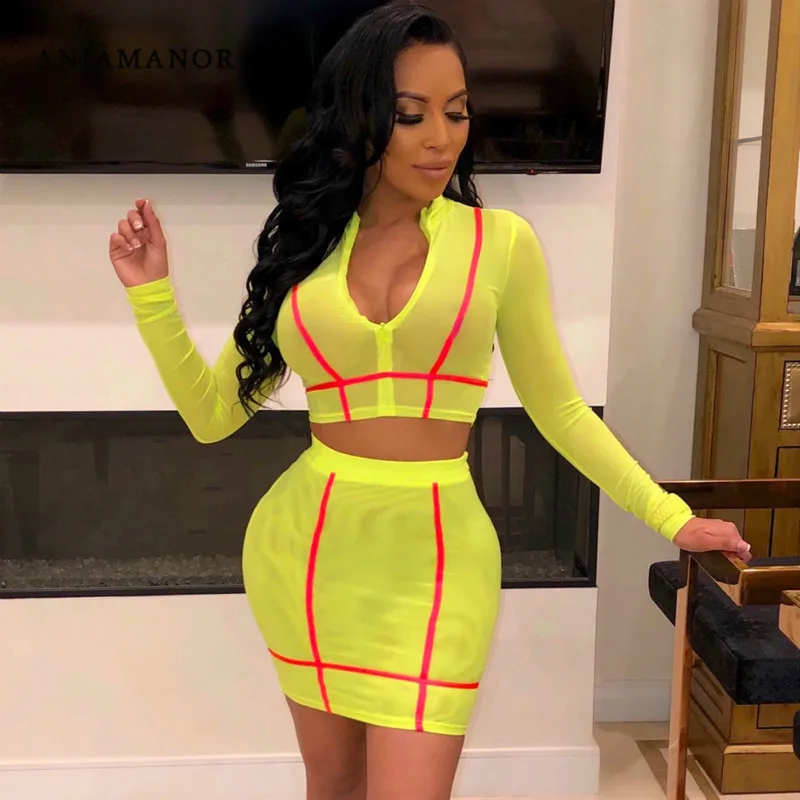 

ANJAMANOR Sheer Mesh Sexy 2 Piece Set Zipper Crop Top and Skirt Women Fall Clothing 2019 Yellow Black Club Outfits D54-AA86