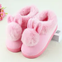 Mrs win Cotton Slippers Home Warm Snow Winter Shoes Thick Barreled Home Floor Slippers Women Cute Bunny Ear Shoes