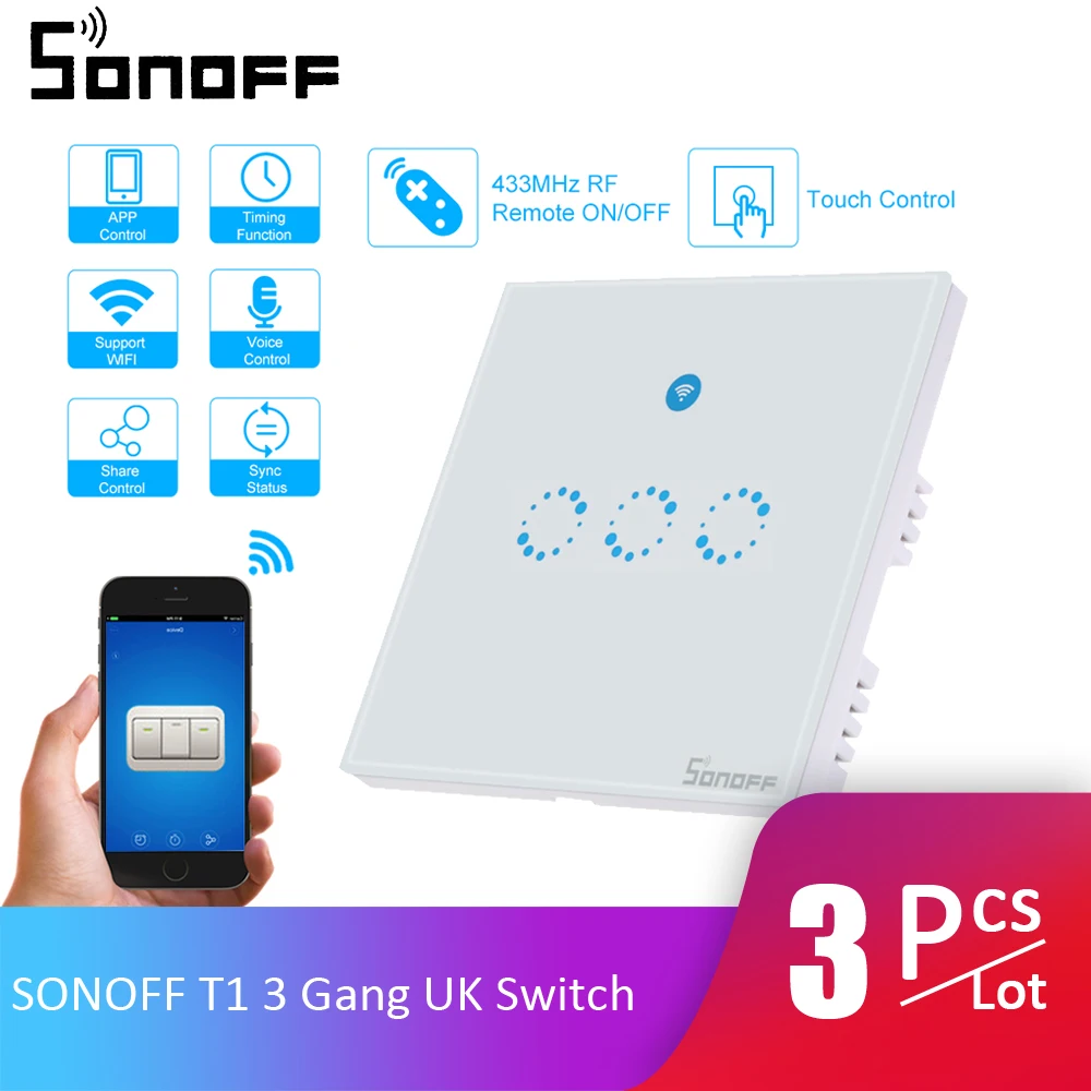 3pcs Lot Sonoff T1 3 Gang Smart Wifi Wall Light Switch Rf