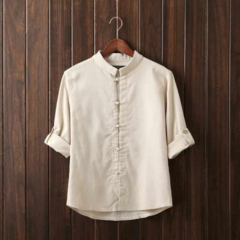 

2019 New Autumn Fashion Brand Men Thanks Flax Pure Color Man's Shirt Seven Chinese Style Shirt Sleeve grey Beige Blue Army Green