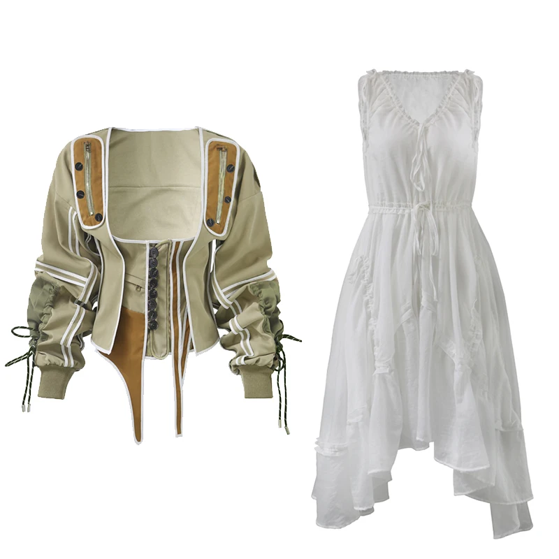 Осень, новинка, приталенная куртка, стильное белое платье, Женская юбка выше колена, пальто, ремень, комплект из двух предметов