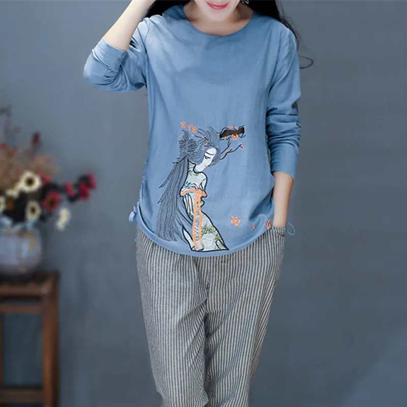 Creative Anime Character Patch Designs Embroidery Woman T Shirts Long Sleeves Autumn Side Elastic Pleated Cotton Linen Top Femme T Shirts Aliexpress