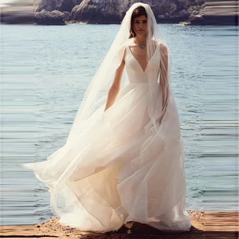 

Ruffle wedding dress Sexy V Neck Backless Tulle Skirt Court Train Top Satin Weddding Dresses A Line Bridal Gowns New Arrival