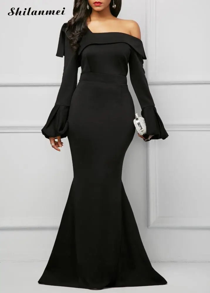 2018 Vintage Fashion Black Long Sleeve Evening Party Long Dress One Off
